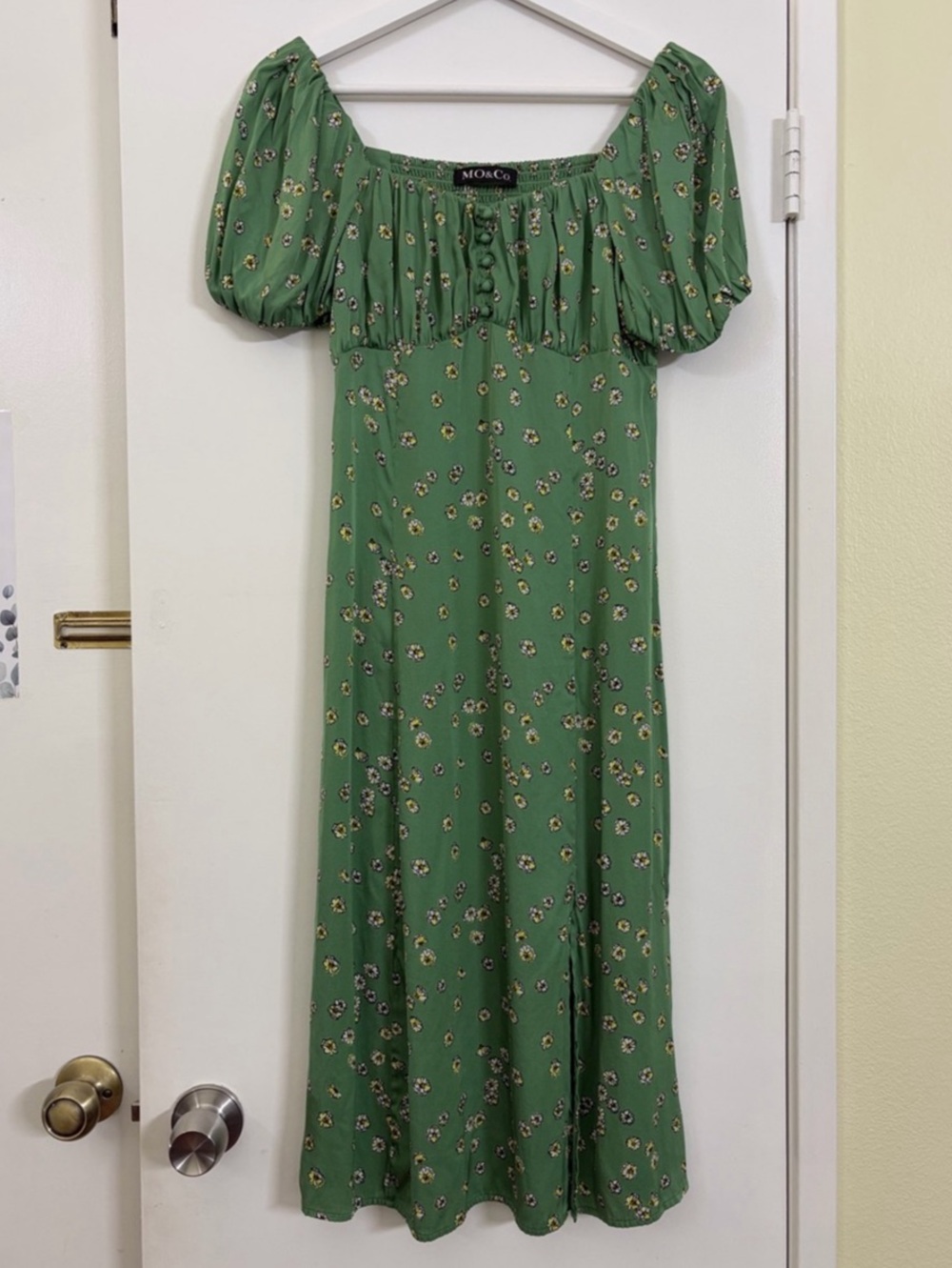 MO&Co. Green Floral Mulberry Silk Blend Puff Sleeve Smocked Midi Dress Size M